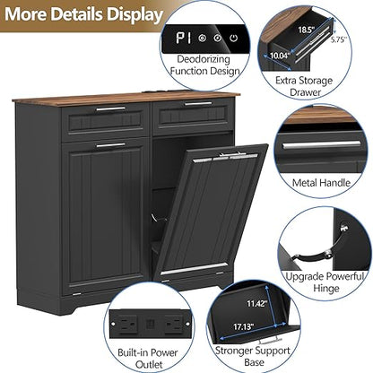 Double 10 Gallon Tilt Out Trash Can Cabinet with Deodorizing Function and Power Outlet, Wooden Hidden Garbage Can Holder with 2 Storage Drawers for Kitchen, Laundry Hamper Cabinet for Bathroom, Black