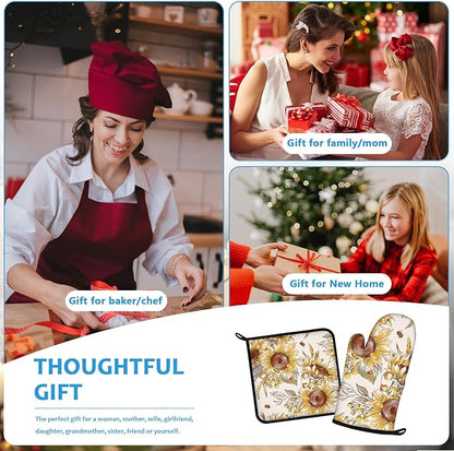 Watercolor Sunflower Oven Mitts and Pot Holders Sets Heat Resistant 4Pcs Potholders Oven Gloves Hot Pads for Kitchen Baking Cooking Grilling BBQ