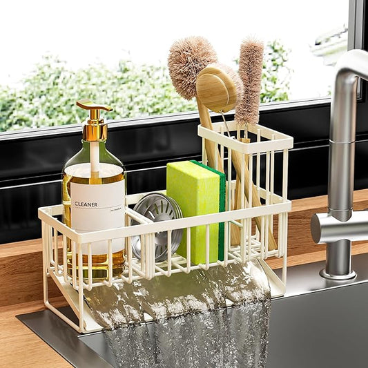 Cisily Off White Sponge Holder for Kitchen Sink, Sink Caddy Organizer with High Brush Holder, Kitchen Countertop Rustproof 304 Stainless Steel, Soap Dispenser Kitchen Organizers and Storage Essentials by CISILYHOMELIFE
