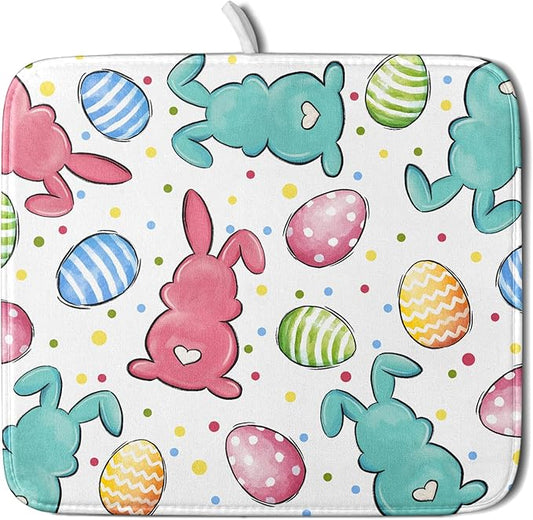 Easter Dish Drying Mat for Kitchen Counter Colorful Bunny Holiday Microfiber Absorbent Dish Draining Reusable Washable Foldable 16"x18" by Unknown