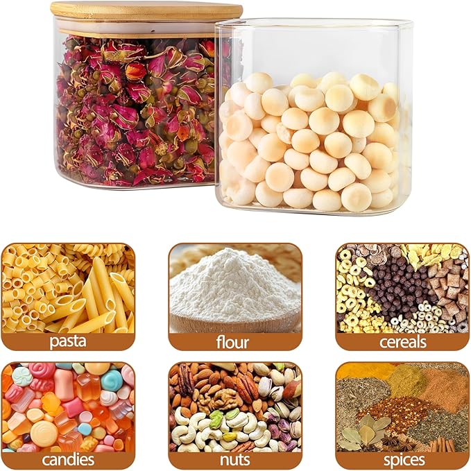 Moretoes 6 Pack 0.6qt Square Glass Storage Containers with Bamboo Press Lids, Airtight Food Storage Jars for Pantry, Spices, Dry Goods