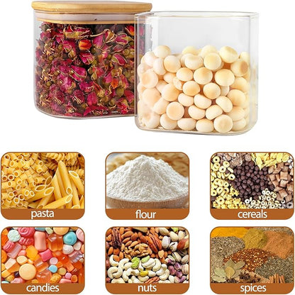Moretoes 6 Pack 0.6qt Square Glass Storage Containers with Bamboo Press Lids, Airtight Food Storage Jars for Pantry, Spices, Dry Goods