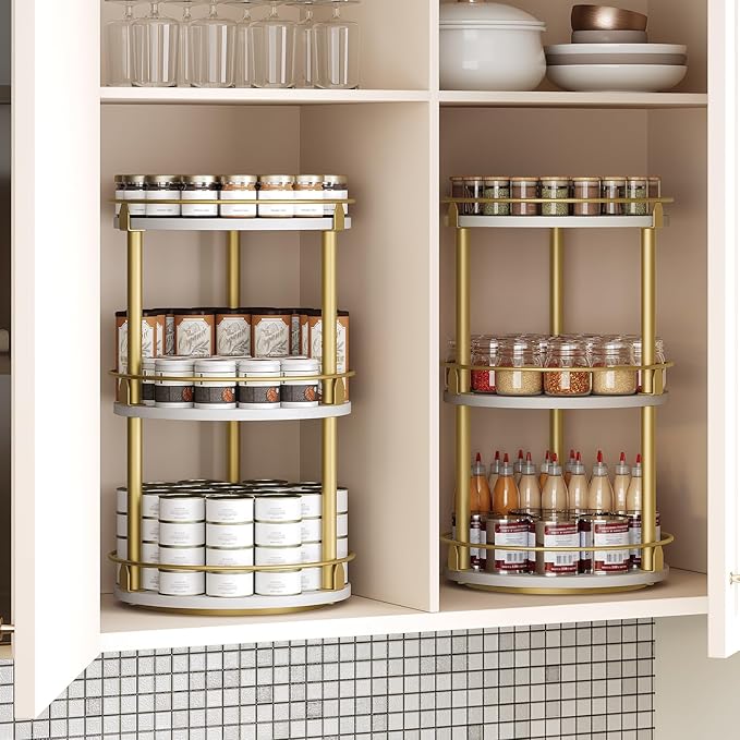 Yatiney 3-Tier Lazy Susan, Rotating Spice Rack, Spinning Organizer, Industrial Turntable Spice Rack for Cabinet, Kitchen Countertop, Pantry, White and Gold SR23DW - Image 3