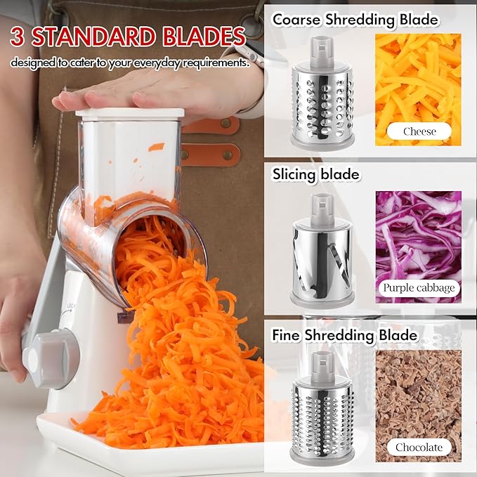 Ourokhome Rotary Cheese Grater Hand Crank, Kitchen Shredder Speed Mandolin Slicer Ice Shaver with Handle and Drum Blades for Cheese, Vegetable, Nuts, Chocolate, Potato, Carrot, 5 Blades, White - Image 5