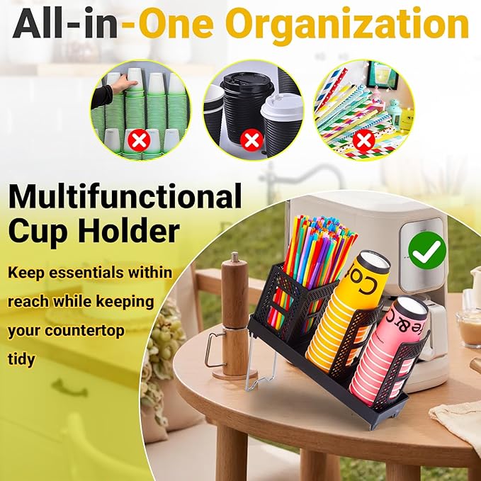 Cup and Lid Holder, Disposable Paper Cup Dispenser with Coffee Pod Straw Storage Basket, 6-Compartment Countertop Coffee Cup Holder for Coffee Stations, Break Rooms, Living Rooms (Black)