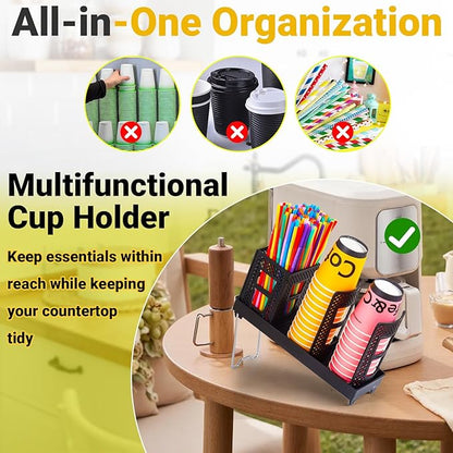 Cup and Lid Holder, Disposable Paper Cup Dispenser with Coffee Pod Straw Storage Basket, 6-Compartment Countertop Coffee Cup Holder for Coffee Stations, Break Rooms, Living Rooms (Black)