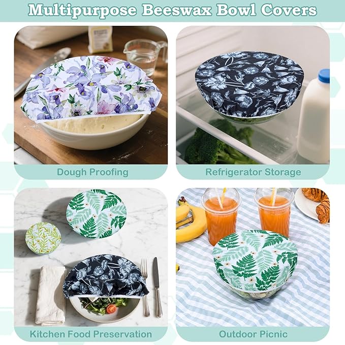 5-Size Reusable Beeswax Bowl Covers for Bread Proofing, Cotton Cloth Flexible Beeswax Wraps for Food Storage(Iris Floral) - Image 5
