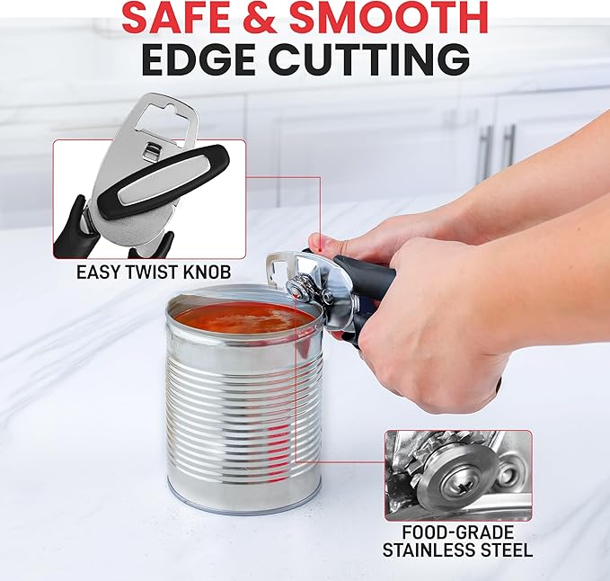 Zulay Kitchen Heavy Duty Stainless Steel Manual Can Opener – Ergonomic Soft Grip Handles, Smooth Edge Cutting Wheel & Large Built In Bottle Opener – Easy Turn Knob for Effortless Use - Black - Image 3