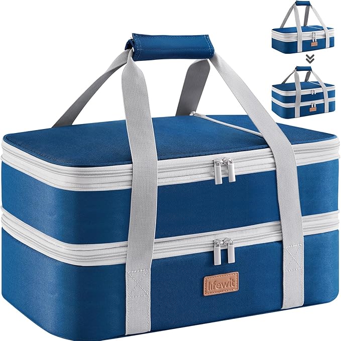 Lifewit Insulated Double Decker Casserole Carrier, Expandable Lasagna Lugger Tote Bag for Hot or Cold Food, Fits 9" x 13" Baking Dish for Potluck Parties, Picnic and Cookouts, Pure Blue