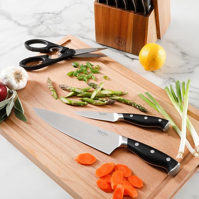 Martha Stewart Greeley 14 pc Triple- Riveted Cutlery Knife Acacia Wood Block Set w/Comfort Grip Handles- Black - Image 6