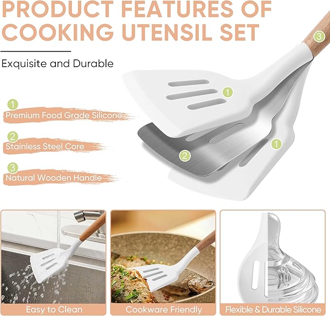 Herogo 5-Piece Cooking Utensils Set, Silicone Kitchen Utensils Set with Wooden Handle, Heat Resistant Cooking Tools Slotted Turner, Spoon, Soup Ladle, Spatula, Spoonula for Nonstick Cookware, White - Image 3
