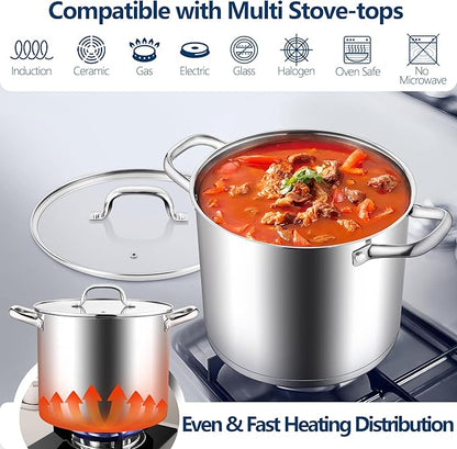 E-far 10 Quart Pot, Stainless Steel Stock Cooking Pot with Glass Lid for Soup Canning Stewing Simmering, Heavy Duty Large Cookware with Triply Base for Induction Gas Ceramic Stoves, Dishwasher Safe - Image 3