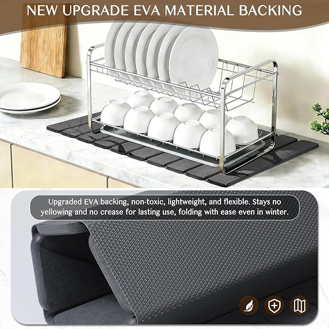 Large Stone Dish Drying Mat for Kitchen Counter, Thin & Light Quick Dry Stone Dishes Mats, Foldable Water Absorbing Diatomite Drying Pad for Kitchen Bathroom Sink Countertop (Gray Ink 24"×16" & 8"x4") - Image 4
