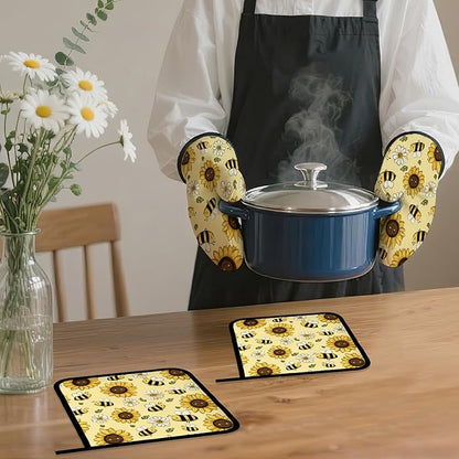 Sunflower Bee Oven Mitts and Pot Holders Set,Daisy Kitchen Oven Gloves and Pot Holder with Heat Resistant Non Slip for Cooking Baking Grilling(4 Piece Set)