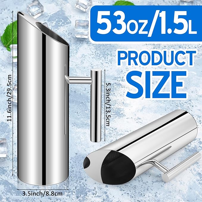 Funnymoom 6 Pack 53oz/1.5l Stainless Steel Water Pitcher Modern Metal Pitcher with Ice Guard Silver Carafe Drink with Handle or Iced Hot Drink Tea Juice Coffee Beer - Image 2
