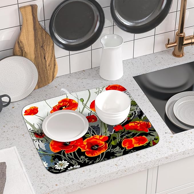 Giwawa Poppy Dish Drying Mat 16x18 inch for Kitchen Vintage Red Orange Floral Dish Drying Pad Oil Painting Flower Dish Drainer Mats Absorbent Microfiber Protector for Countertop Coffee Bar