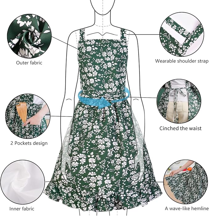 Pinknoke Vintage Pinafore Apron Dress for Women with Pockets Cute Floral Chef Aprons for Kitchen Cooking Baking Gardening - Image 4