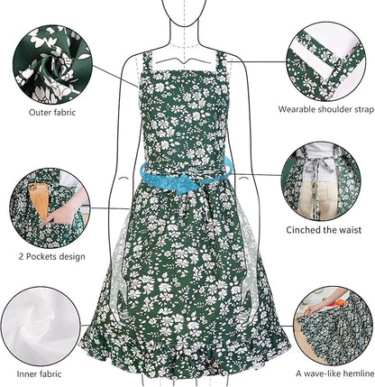 Pinknoke Vintage Pinafore Apron Dress for Women with Pockets Cute Floral Chef Aprons for Kitchen Cooking Baking Gardening - Image 4