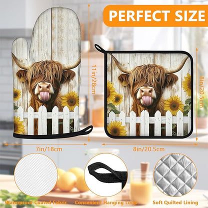 Sunflower Highland Cow Oven Mitts and Pot Holders Sets 4Pcs,Extra Long Oven Gloves Potholder for Kitchen Cooking Baking BBQ 100% Cotton Heat Resistant - Image 2