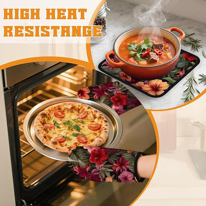 Tropical Palm Leaf Oven Mitts and Pot Holders Set,Hibiscus Kitchen Oven Gloves and Pot Holder with Heat Resistant Non Slip for Cooking Baking Grilling(4 Piece Set)