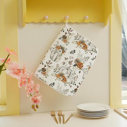 Fall Dish Drying Mat 18 x 24 inch Thanksgiving Autumn Watercolor Pumpkin Maple Leaves Decorative Drying Mats Microfiber Absorbent Dish Washable Draining Mat for Kitchen Counter Decor