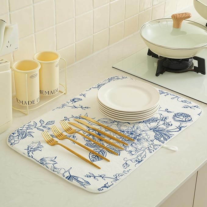 Chinoiserie Floral Dish Drying Mat 18 x 24 inch Vintage Blue Flower Decorative Drying Mats Microfiber Absorbent Dish Washable Draining Mat for Kitchen Counter Decor