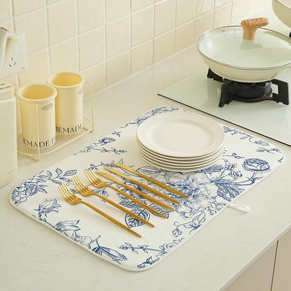 Chinoiserie Floral Dish Drying Mat 18 x 24 inch Vintage Blue Flower Decorative Drying Mats Microfiber Absorbent Dish Washable Draining Mat for Kitchen Counter Decor