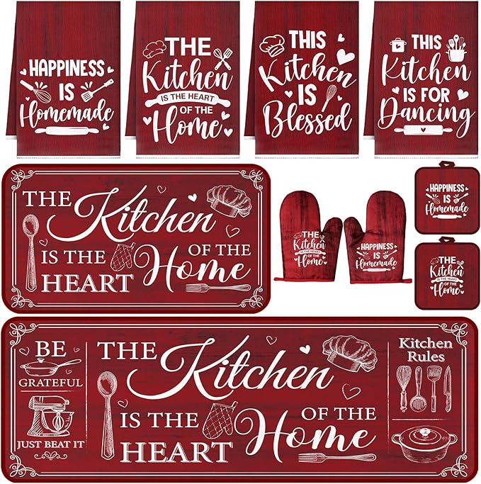 Fourluoo 10 Pcs Farmhouse Kitchen Decor and Accessories Set 4 Kitchen Towels 2 Pot Holders 2 Oven Mitts 2 Rugs for Cooking Baking Mom Housewarming Gifts(Red,Classic Style) by Fourluoo
