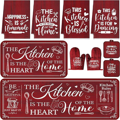 Fourluoo 10 Pcs Farmhouse Kitchen Decor and Accessories Set 4 Kitchen Towels 2 Pot Holders 2 Oven Mitts 2 Rugs for Cooking Baking Mom Housewarming Gifts(Red,Classic Style) by Fourluoo