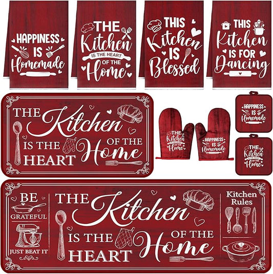 Fourluoo 10 Pcs Farmhouse Kitchen Decor and Accessories Set 4 Kitchen Towels 2 Pot Holders 2 Oven Mitts 2 Rugs for Cooking Baking Mom Housewarming Gifts(Red,Classic Style) by Fourluoo