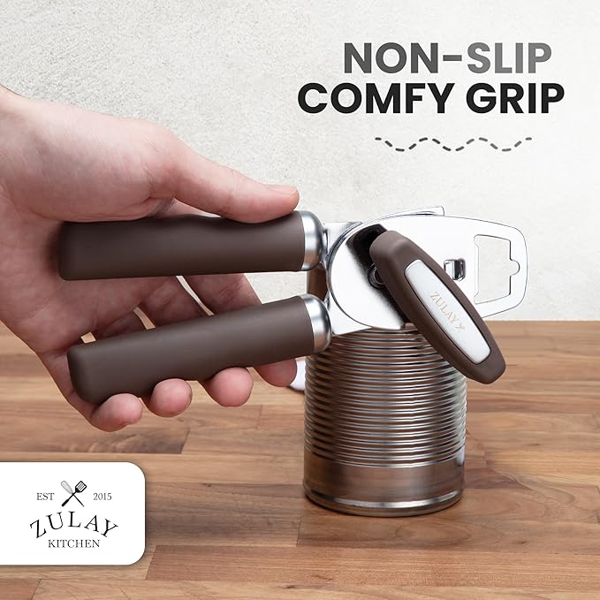 Zulay Kitchen Heavy Duty Stainless Steel Can Opener Manual with Bottle Opener - Rust Proof Manual Can Opener With Turn Knob & Comfy Soft Grip Handles - Brown - Image 5