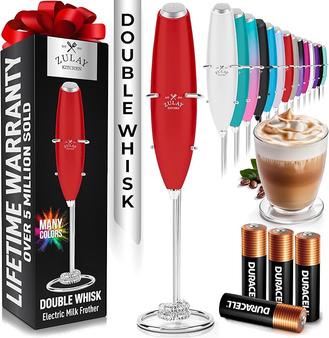 Zulay Kitchen Whisk Milk Frother with 4 Duracell Batteries - Powerful Handheld Foam Maker for Coffee, Lattes, Matcha, Hot Chocolate & Cappuccinos - Whip Creamy Froth in Seconds by ZulayKitchen