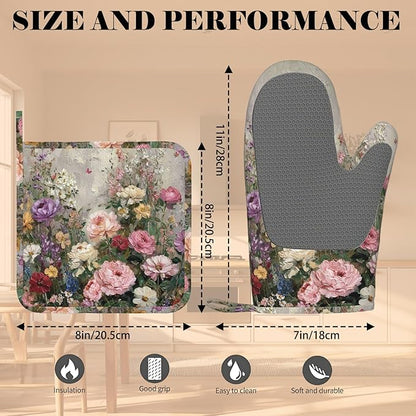 Vintage Wildflower Oven Mitts and Pot Holders Sets Silicone Kitchen Mitts Potholders Heat Resistant Oven Gloves Hot Pads for Kitchen Baking Cooking