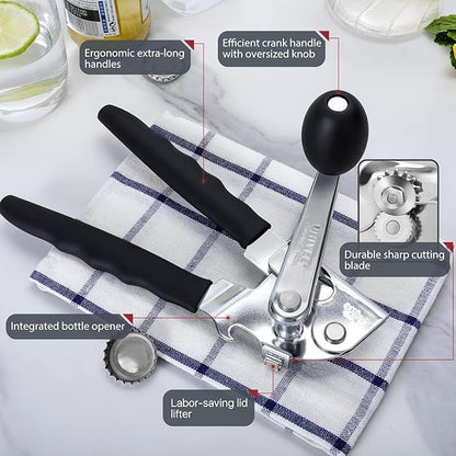 Commercial Can Opener, UHIYEE Hand Crank Can Opener Manual Heavy Duty with Comfortable Extra-long Handles, Oversized Knob, Large Handheld Can Open Easy for Big Cans, Black - Image 2