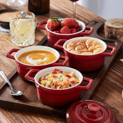 Lareina Mini Cocotte - 12oz Ceramic Casserole Dishes - Kitchen Casserole Sets With Handles And Lid - Small Baking Ramekins - Oven, Microwave & Dishwasher Safe - Set of 4 - Red - Image 8