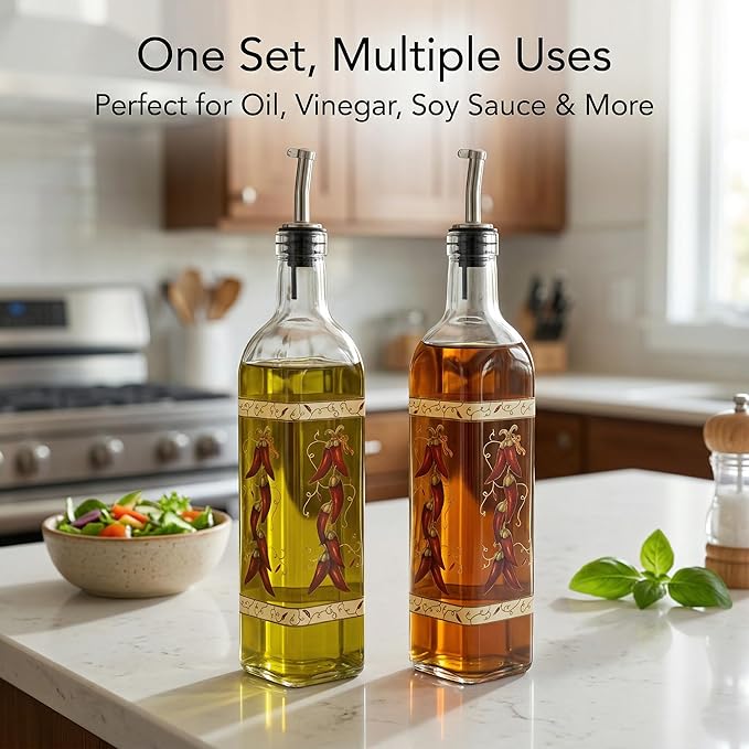 Topadorn 17 oz Olive Oil Dispenser Bottle Set for Kitchen, 2 Pcs Glass Oil Dispenser Bottle with Stainless Steel Pourers, 2 Packs of Napkins, Chili