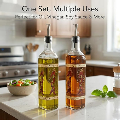 Topadorn 17 oz Olive Oil Dispenser Bottle Set for Kitchen, 2 Pcs Glass Oil Dispenser Bottle with Stainless Steel Pourers, 2 Packs of Napkins, Chili