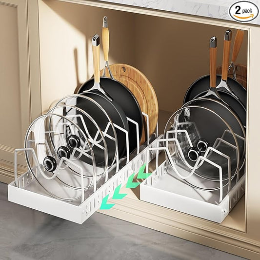 Lozovin Pull Out Pots and Pans Organizer Under Cabinet, Sliding Lid Holder and Pan Rack in Kitchen, Slide Out inside Cabinet Storage for Pot Lid, Bakeware, Dishes, 8 Adjustable Dividers, 2 Pack White by Lozovincablemanagementtray