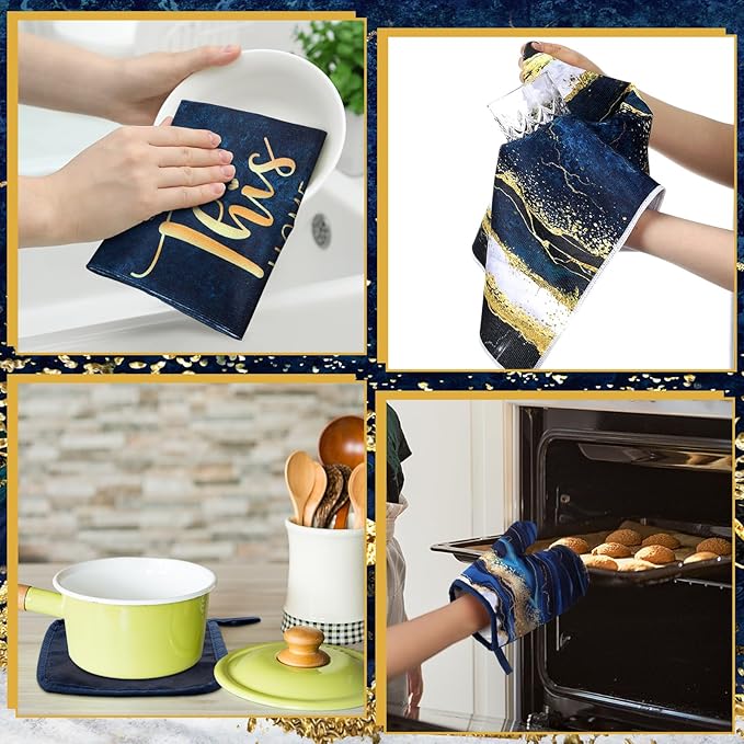 Leinuosen 8 Pcs Blue Marble Kitchen Decor Dish Towels and Oven Mitts Sets Pot Holders and Dishcloths Farmhouse Kitchen Accessories Decorative Set for Chef Baking Cooking Daughter Mom Gift