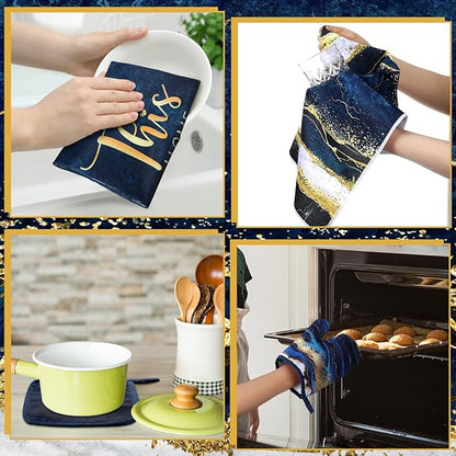 Leinuosen 8 Pcs Blue Marble Kitchen Decor Dish Towels and Oven Mitts Sets Pot Holders and Dishcloths Farmhouse Kitchen Accessories Decorative Set for Chef Baking Cooking Daughter Mom Gift