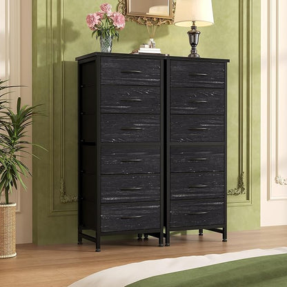 Sweetcrispy Tall Fabric Dresser for Bedroom, 6 Drawer Skinny Chest of Drawers, Narrow Storage Tower with Wood Top and Metal Frame,Bedroom Organization Furniture, Black Wood Grain