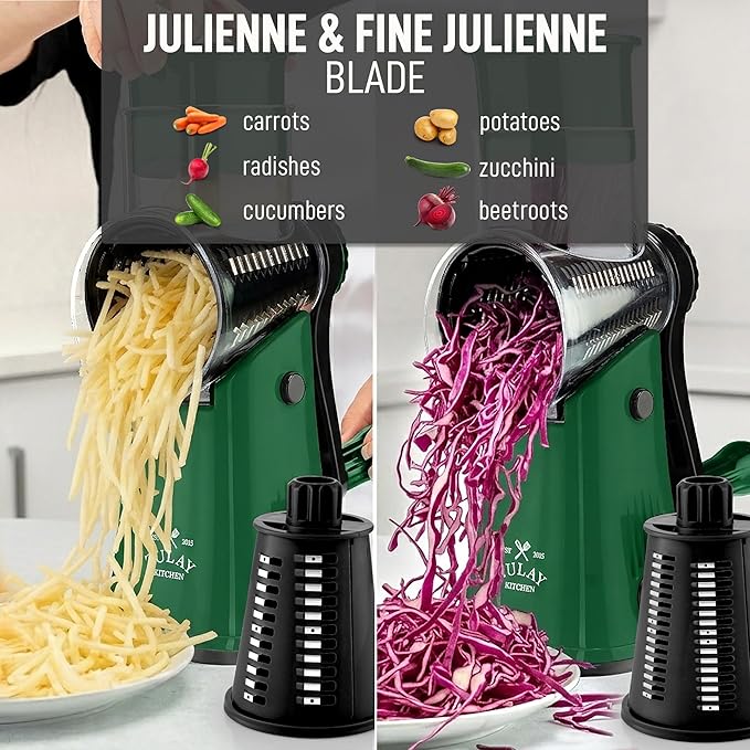 Zulay Kitchen Rotary Cheese Grater 5 Blade Cheese Shredder - Manual Hand Crank Cheese Grater With Reinforced Suction & 5 Interchangeable Drums - Easy to Use, Vegetable Chopper Round Mandoline Slicer - Image 6