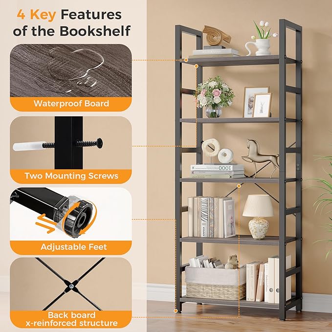 DUMOS 5-Tier Bookshelf, Modern Tall Bookcase, Open Storage Display Shelf for Living Room, Bedroom, Home Office, Narrow Standing Shelving Unit for Books, CDs, Décor，Wood Grey