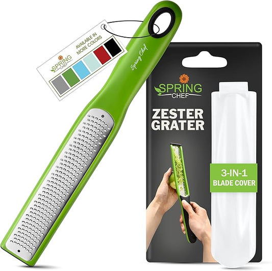 Spring Chef Premium Lemon Zester Grater with Handle - Orange, Garlic, Ginger, Nutmeg, Cheese Grater- Handheld Sharp Kitchen Tool - Stainless Steel Citrus Zester with Blade Cover - Fine Shred, Green by SpringChef