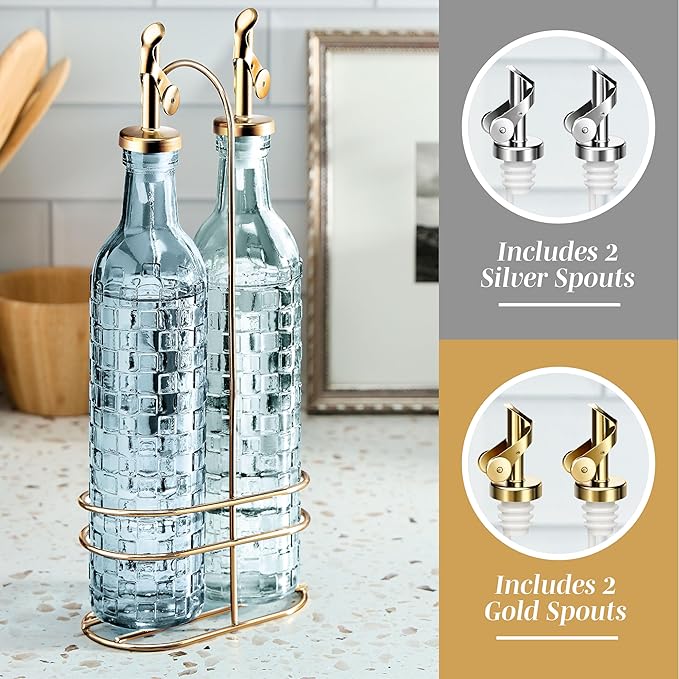 COOK WITH COLOR Glass Olive Oil Bottle Dispenser - 2 Pack- 17oz Oil and Vinegar Cruet - Olive Oil Carafe Decanter for Kitchen, Checkered, Blue - Image 4