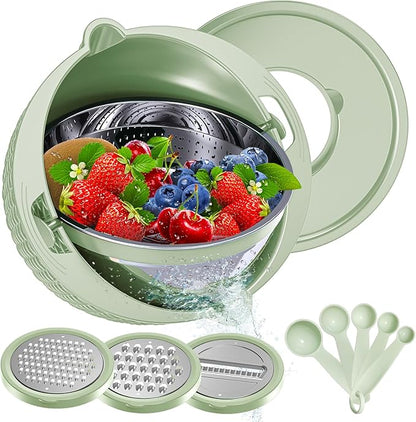 4-1 Strainer with Bowl & Spoons Set - Strainers and Colanders - Colanders for kitchen(Patented) - Pasta Strainer with Upgraded Graters & Spoons for Fruit Veggie Kitchen Essentials, Green - Image 8