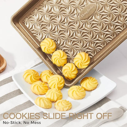 HONGBAKE Nonstick Baking Sheet Pan Set of 3, Cookie Sheets for Oven, Non-Toxic Half/Quarter/Jelly Roll Pans with Floral Swirl Texture, Heavy Duty 0.8mm Thick Oven Trays for Cooking, Antique Gold - Image 2