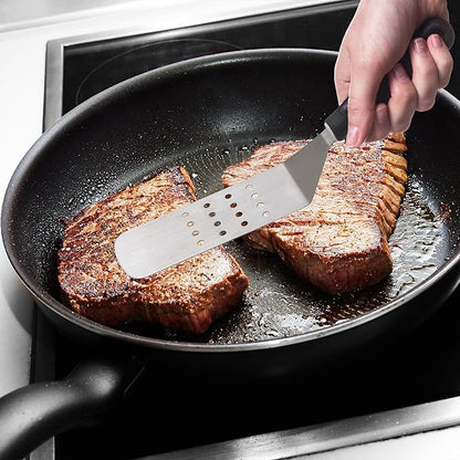 HIC Kitchen Perforated Burger Turner with Soft Grip Handle, Stainless Steel