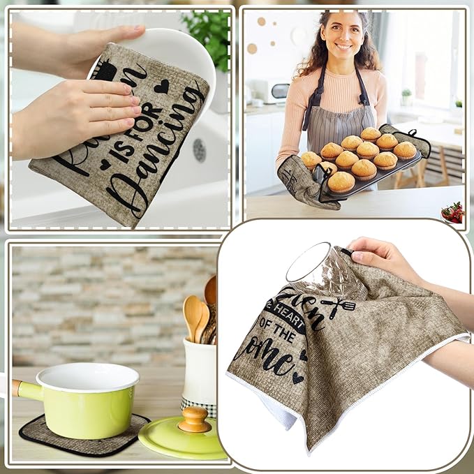 Fourluoo 10 Pcs Farmhouse Kitchen Decor and Accessories Set 4 Kitchen Towels 2 Pot Holders 2 Oven Mitts 2 Rugs for Cooking Baking Mom Housewarming Gifts(Vintage Color,Classic Style) - Image 6
