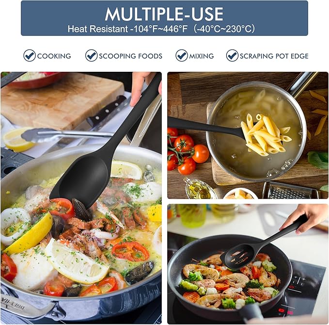 HOTEC Heat Resistant Silicone Cooking Spoon Spatula, Large Kitchen Solid and Slotted Spoons for Mixing, Serving, Scraping, Non-stick, Dishwasher Safe Black 12.5inch - Image 5